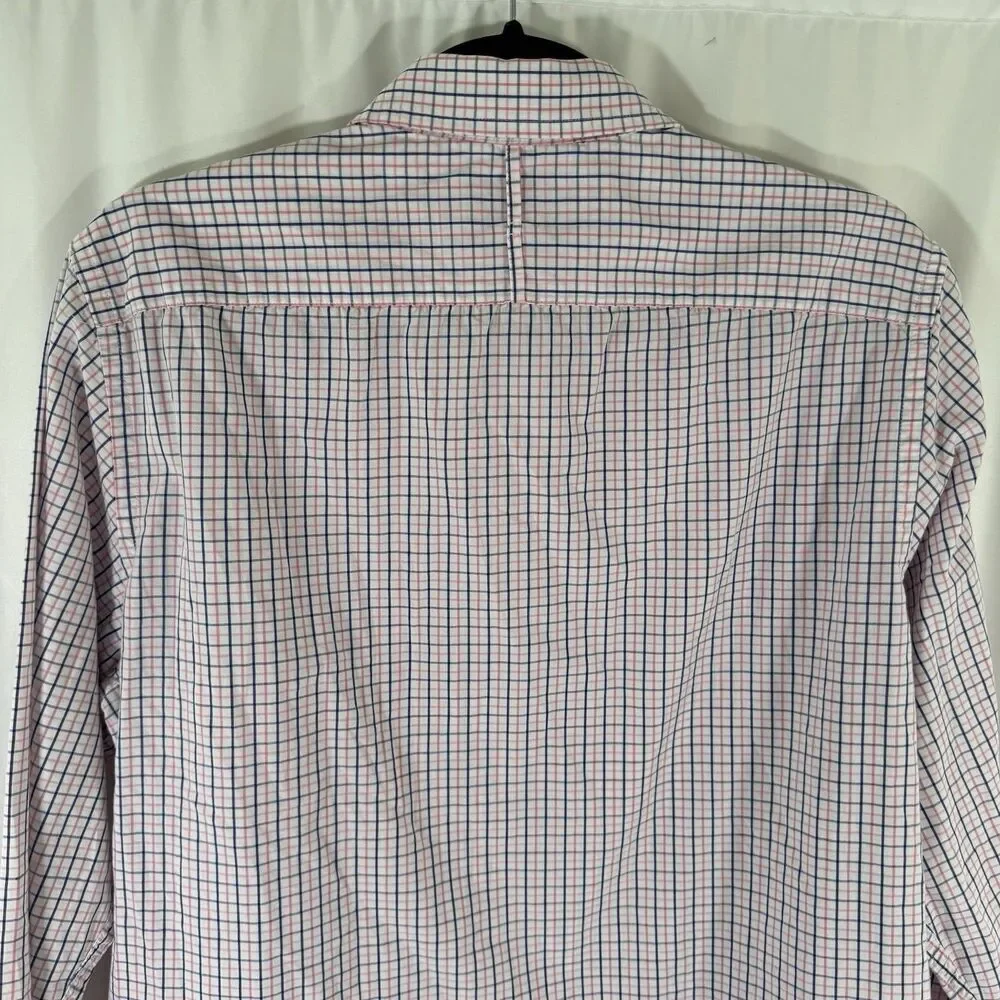 Banana Republic Dress Shirt Men's Medium 15.5 White Pink Plaid Button Up Long Sl